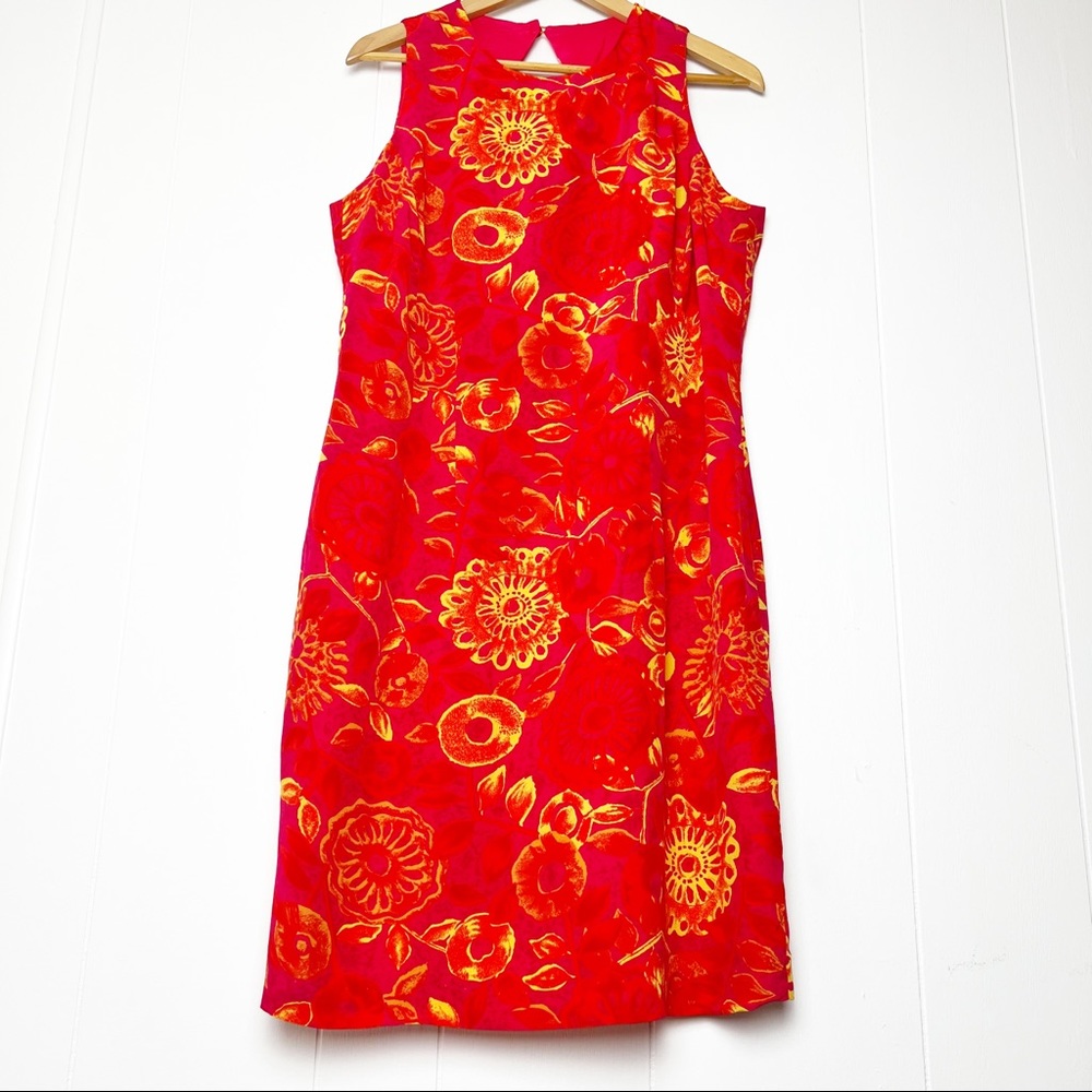 Maggy London Silk Orange Pink Tropical Floral Sleeveless Midi Dress Women’s 12